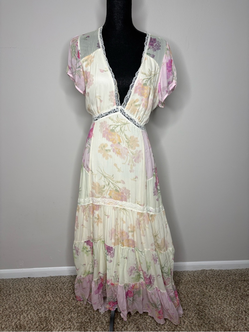 LoveShackFancy Cream Maxi Dress with Lavender Floral Accents - Picture 2 of 3